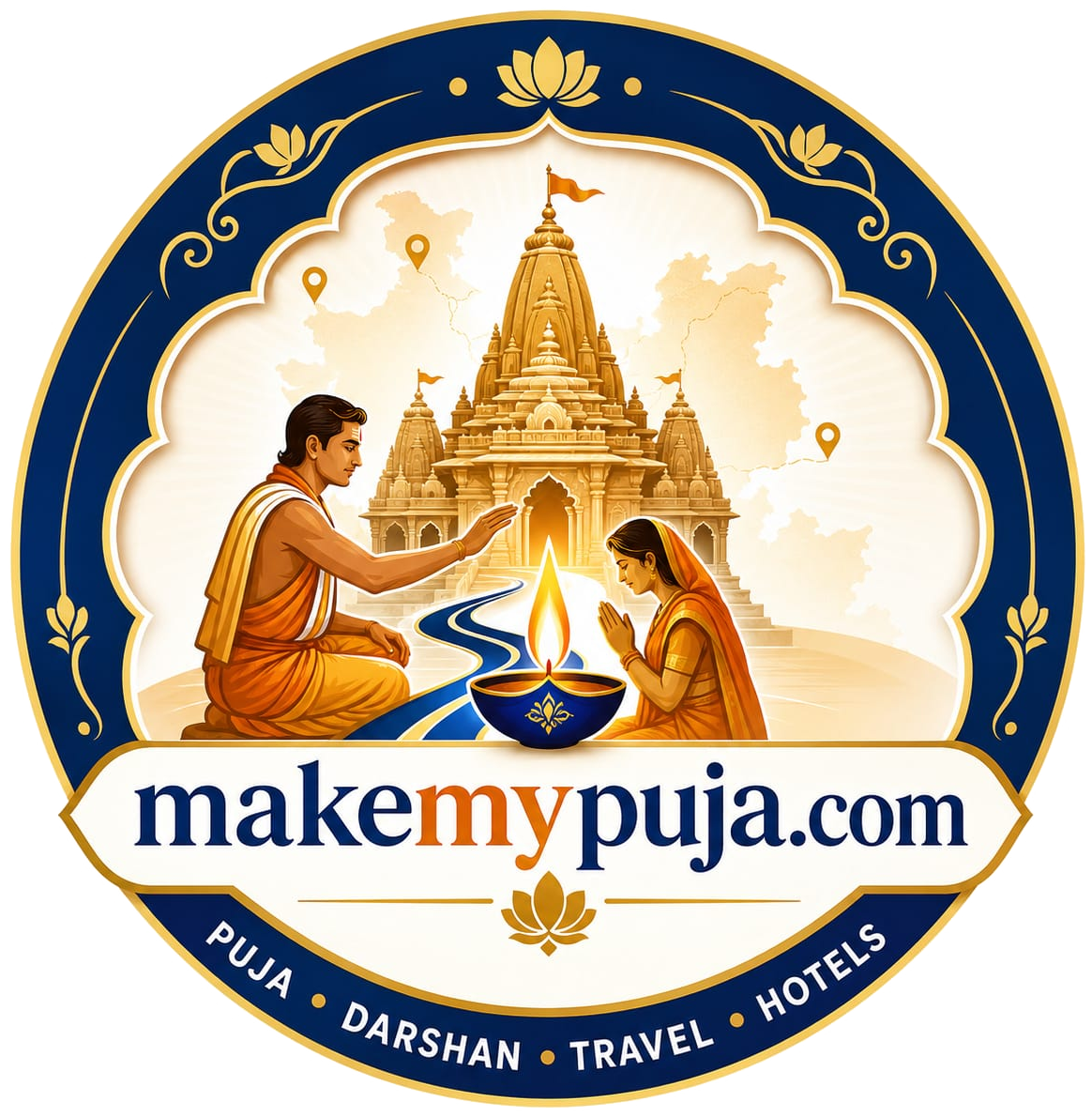 MakeMyPuja temple, priest and devotee journey emblem